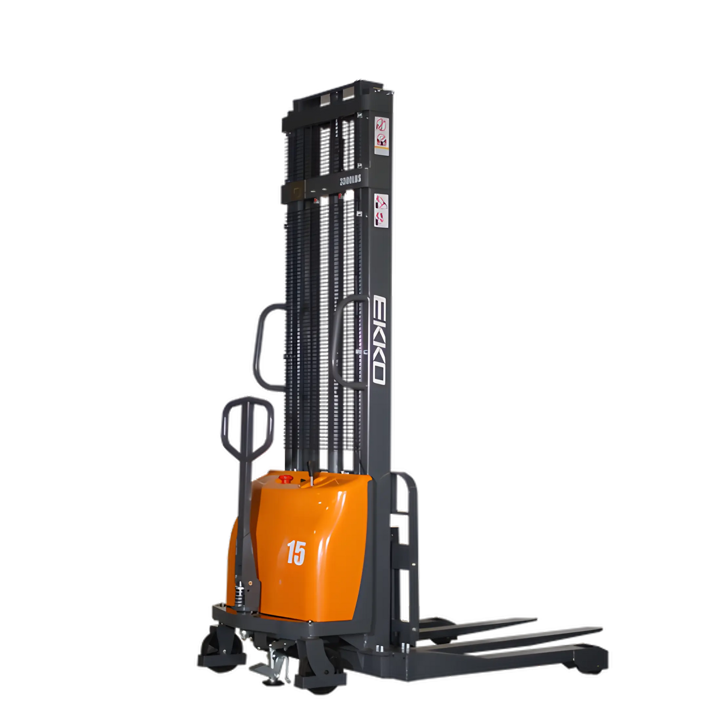 EKKO EA15A-138 electric pallet stacker with orange and black design for warehouse lifting