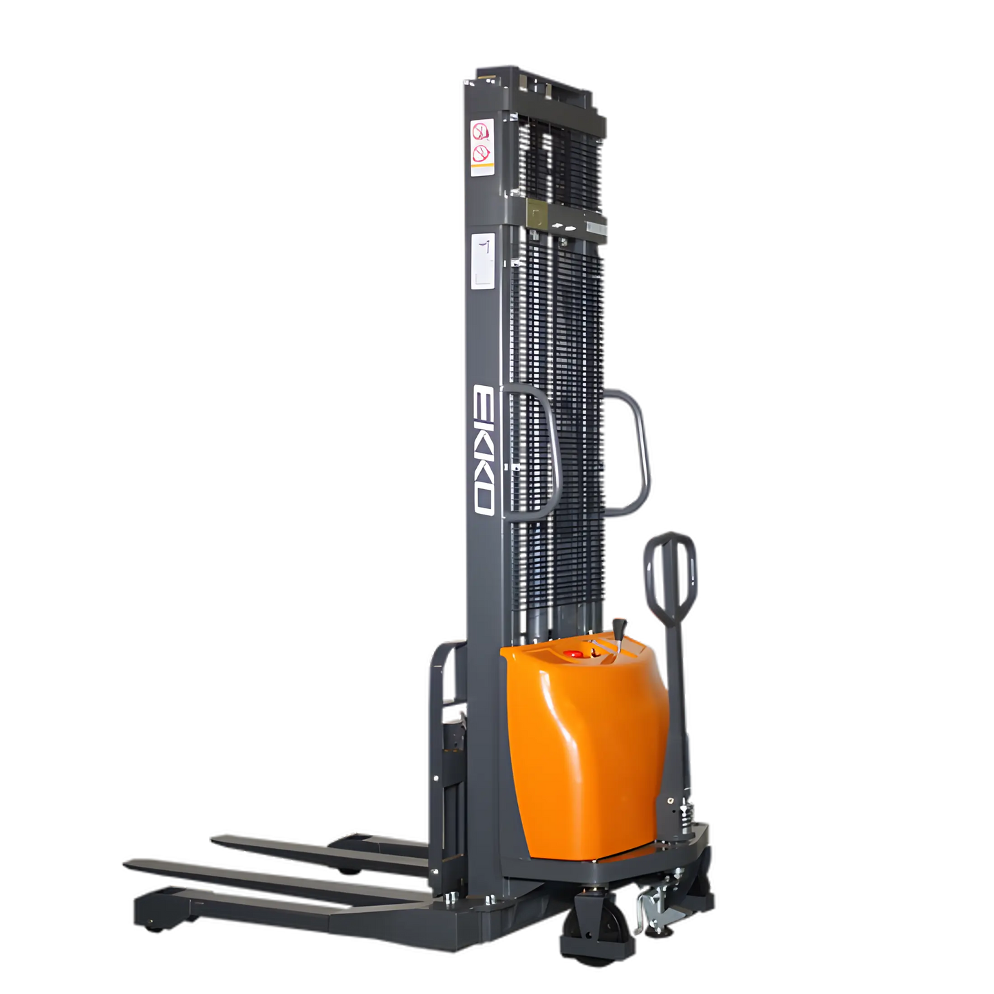 EKKO EA15A-138 electric pallet stacker with orange body and black lifting mast for warehouse use