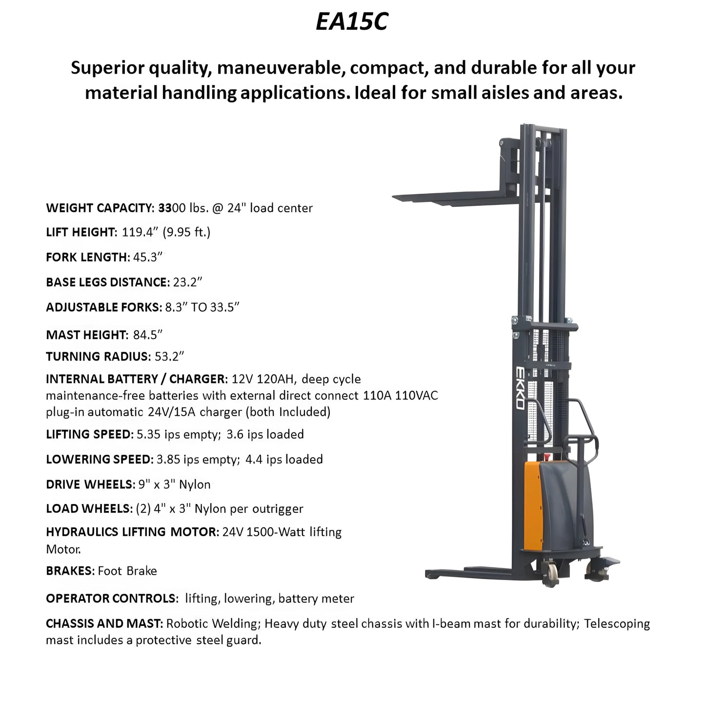 EKKO EA15C compact and durable forklift with adjustable forks and heavy duty steel chassis