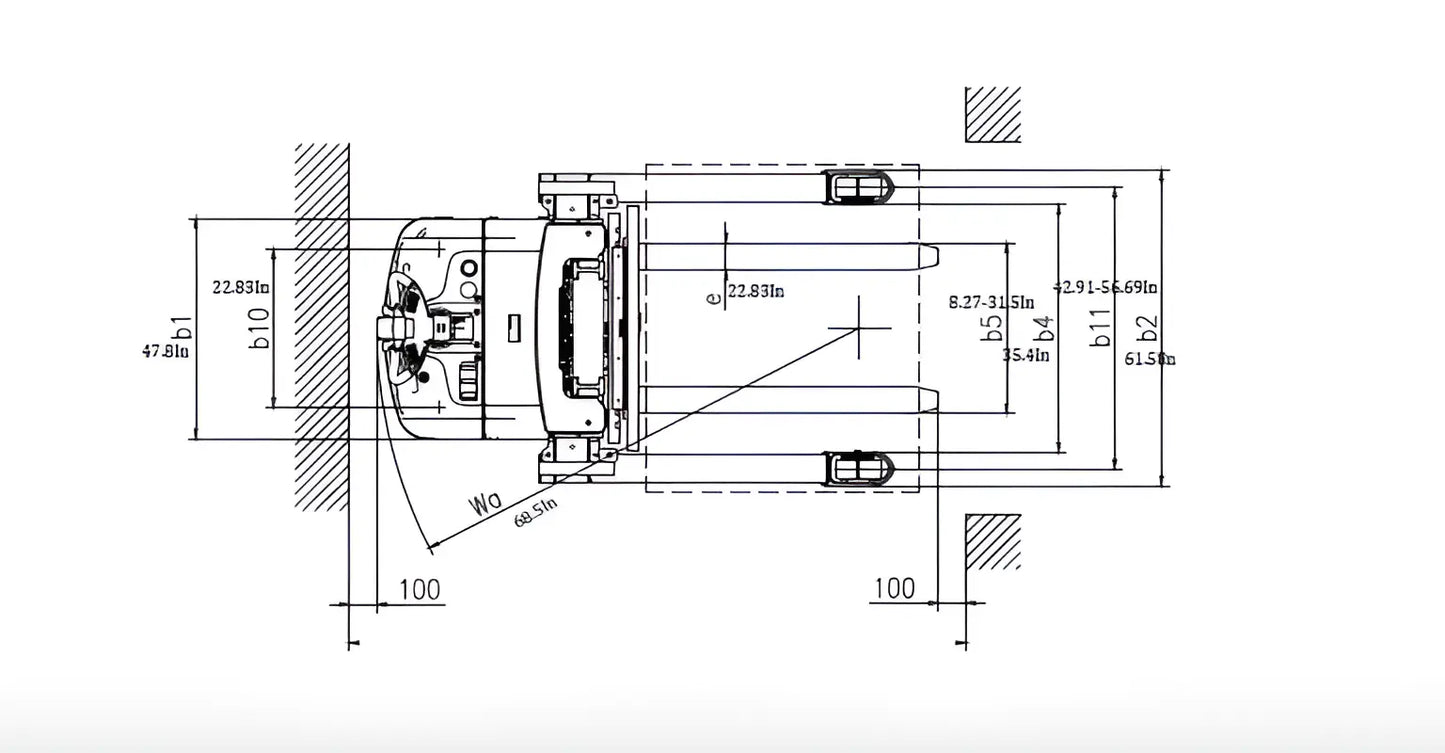 Technical top view drawing of EKKO EB16EAS-189Li straddle stacker with detailed measurements