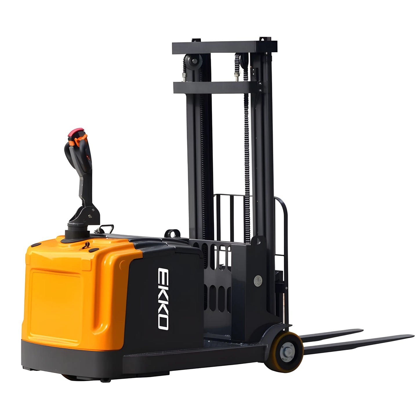 EKKO EK14 electric pallet stacker forklift with orange and black body for warehouse use