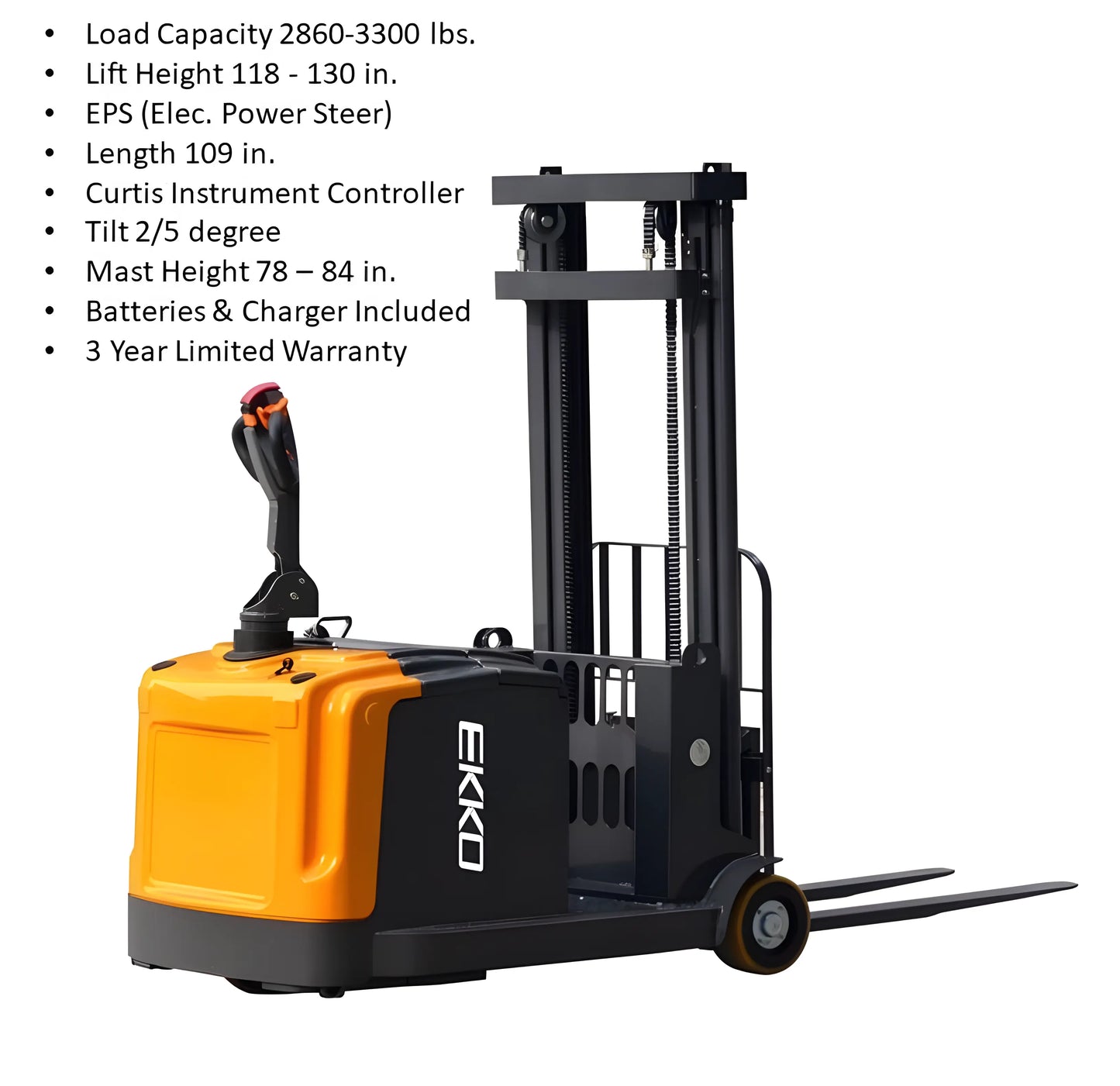 EKKO EK14 electric pallet stacker with orange and black body, load capacity 2860-3300 lbs and Curtis controller