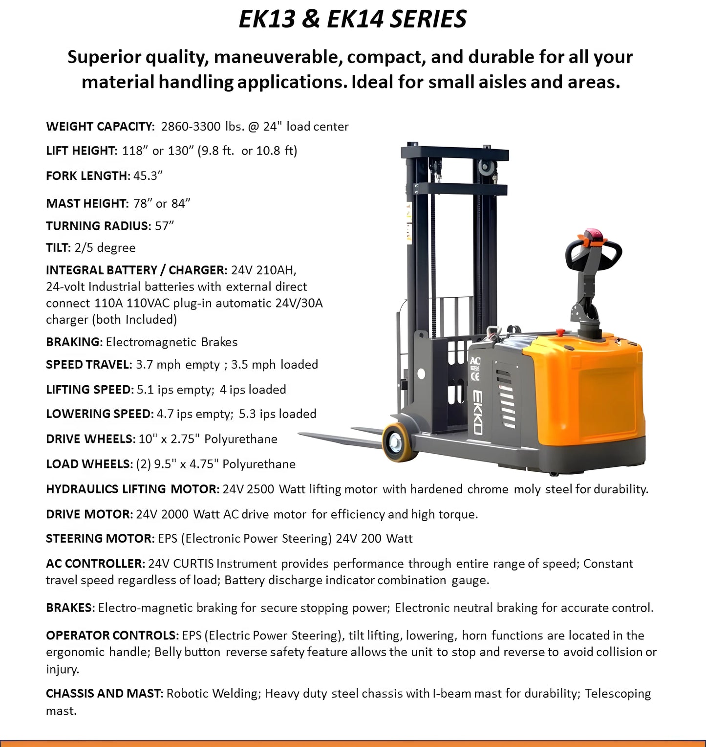 EKKO EK14 electric pallet jack with 24V battery, compact design, and ergonomic controls for material handling