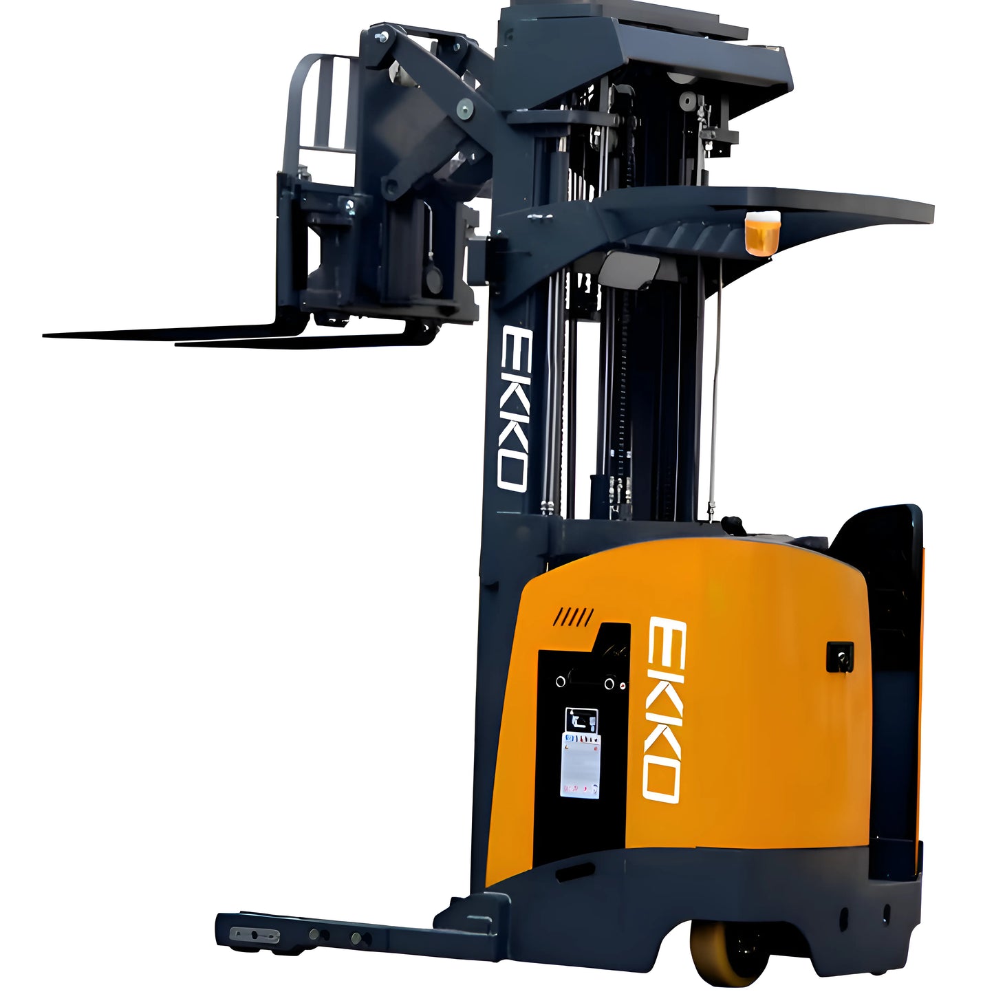 EKKO EK18RR forklift in yellow and black with extended forks for heavy lifting tasks