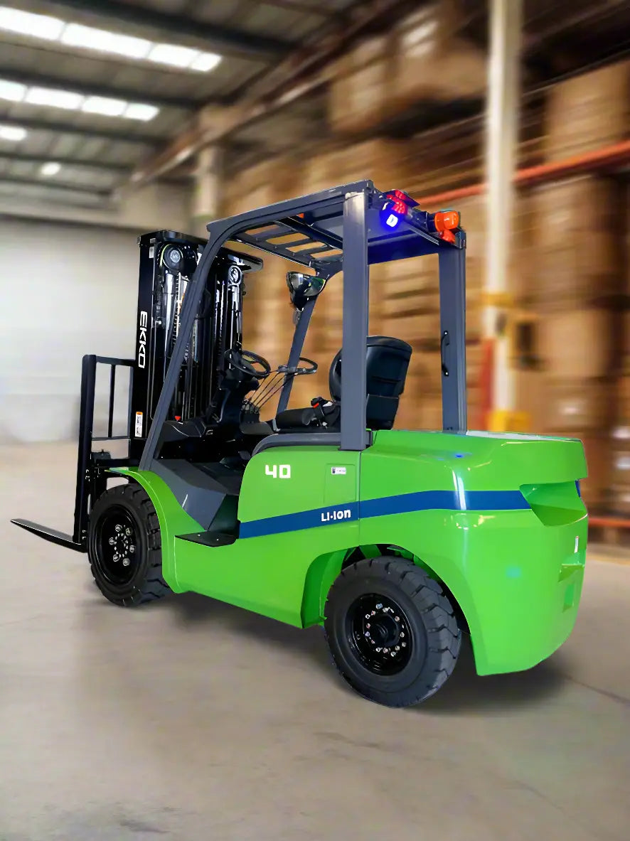 EKKO electric forklift model 40 in green with Li-ion battery inside warehouse with shelves