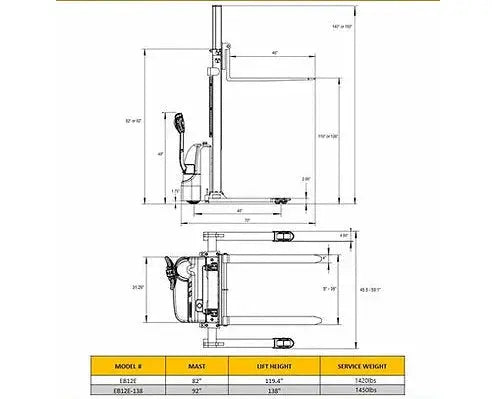 Technical drawing and dimensions of EKKO Electric Pallet Stacker with mast and lift height details