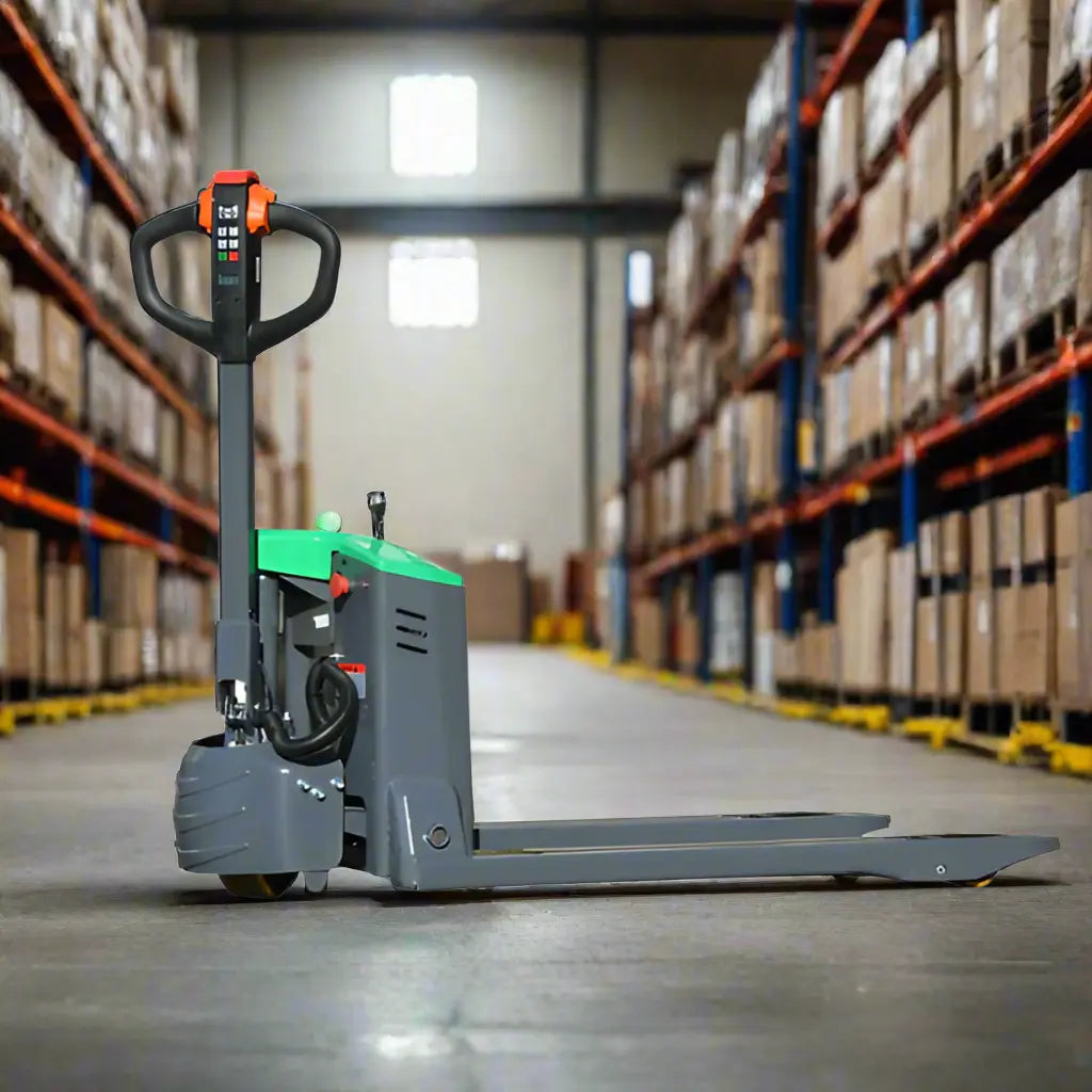 EKKO EP15JLIC electric straddle stacker in warehouse aisle with long forks for heavy lifting