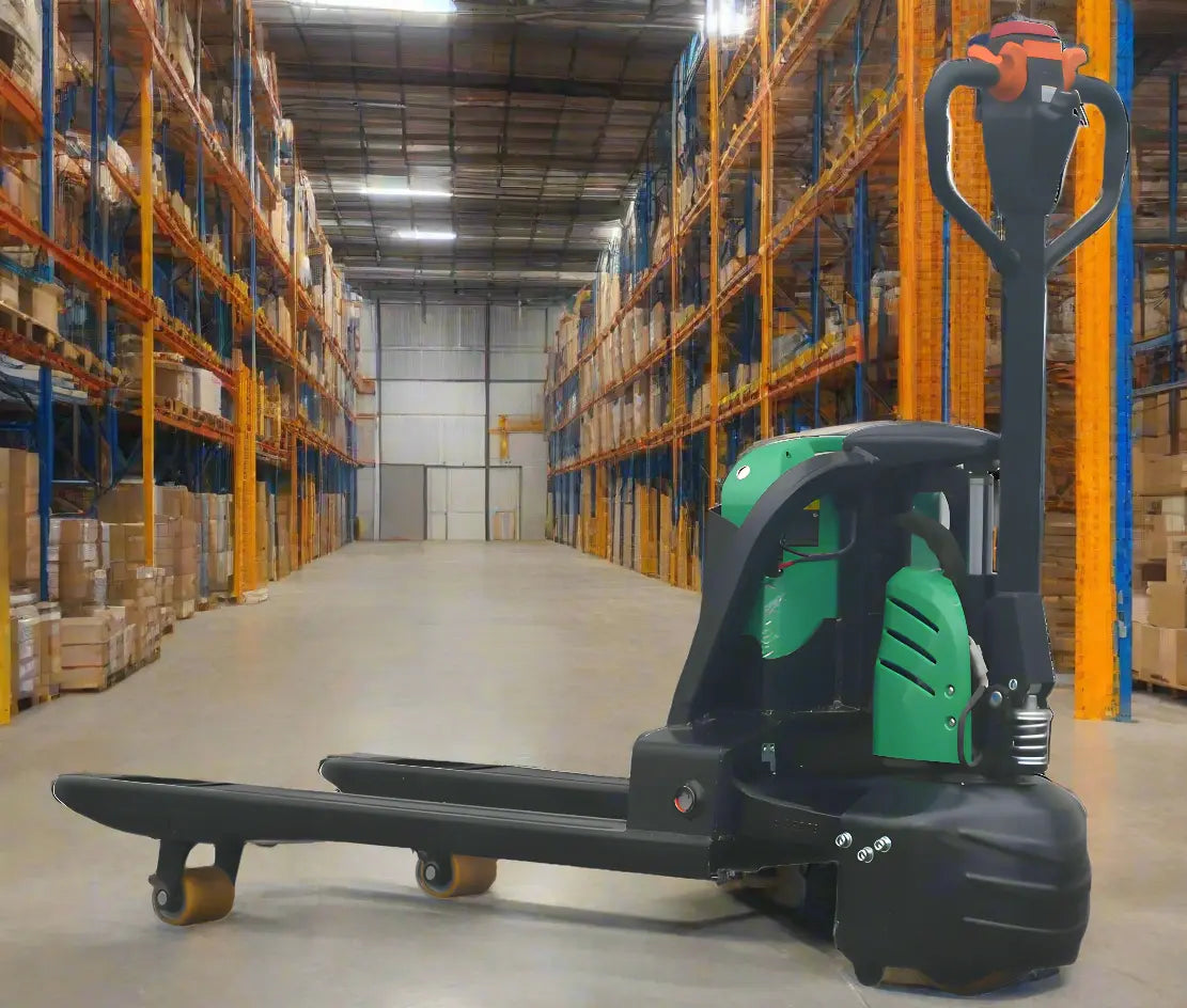 EKKO EPF20Li electric pallet jack in warehouse aisle with metal shelving and stacked boxes