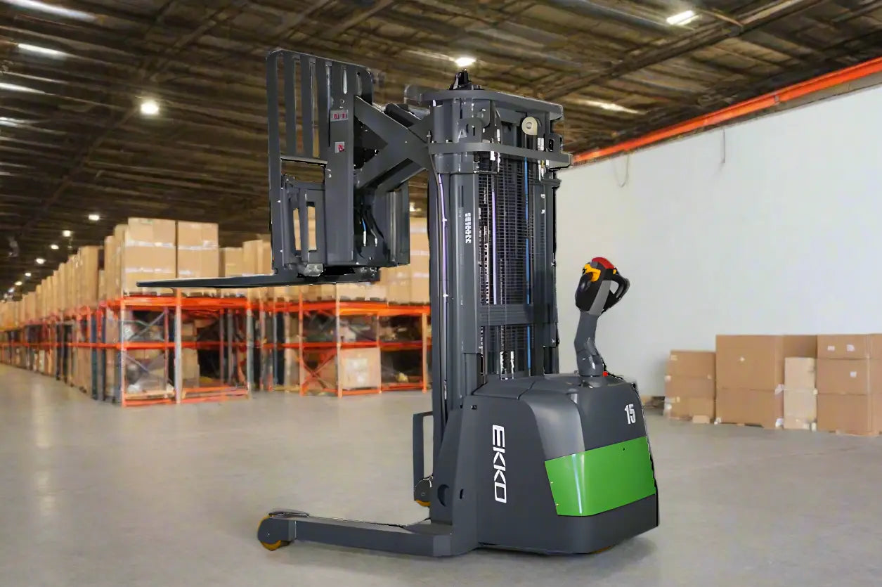 EKKO ER15-216Li electric stacker forklift with green and black design in warehouse setting