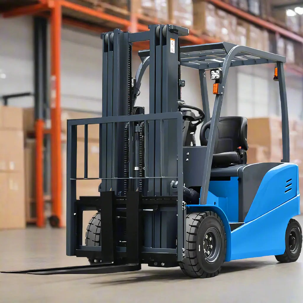 EOSLift blue electric forklift in warehouse with sturdy forks and protective overhead guard