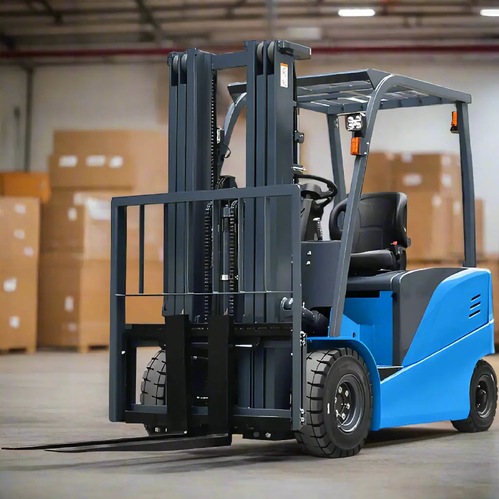EOSLift blue electric forklift with protective overhead guard and front lifting forks indoors