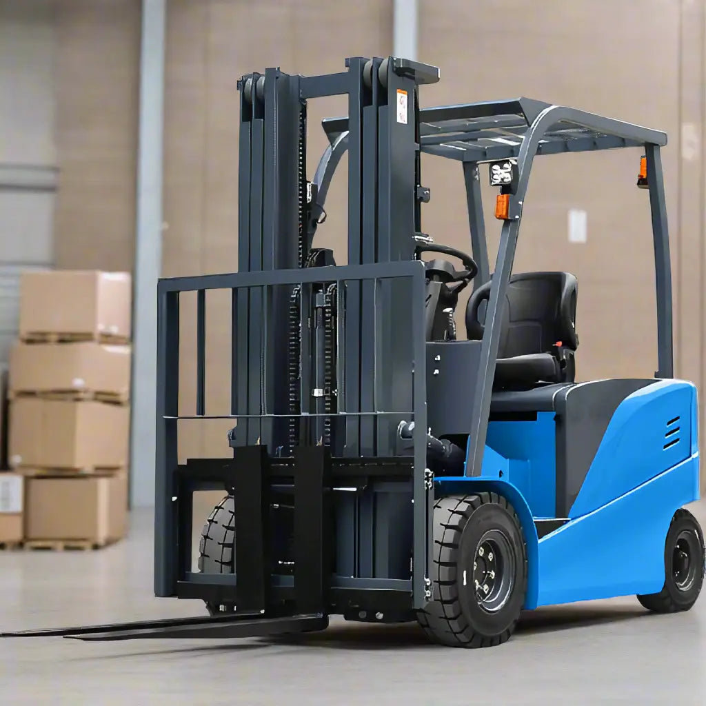 EOSLift blue Electric Forklift in warehouse with protective overhead guard and black forks