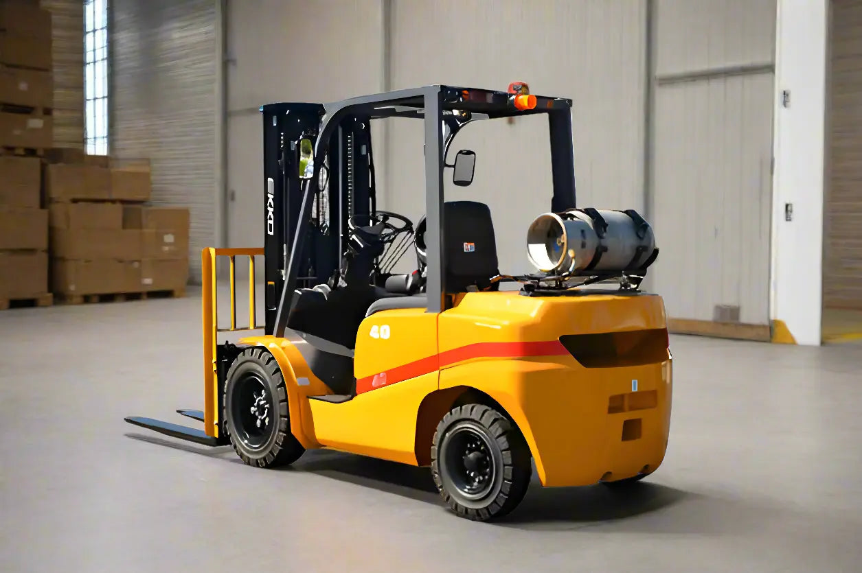 EKKO propane forklift in yellow with black details parked inside a warehouse