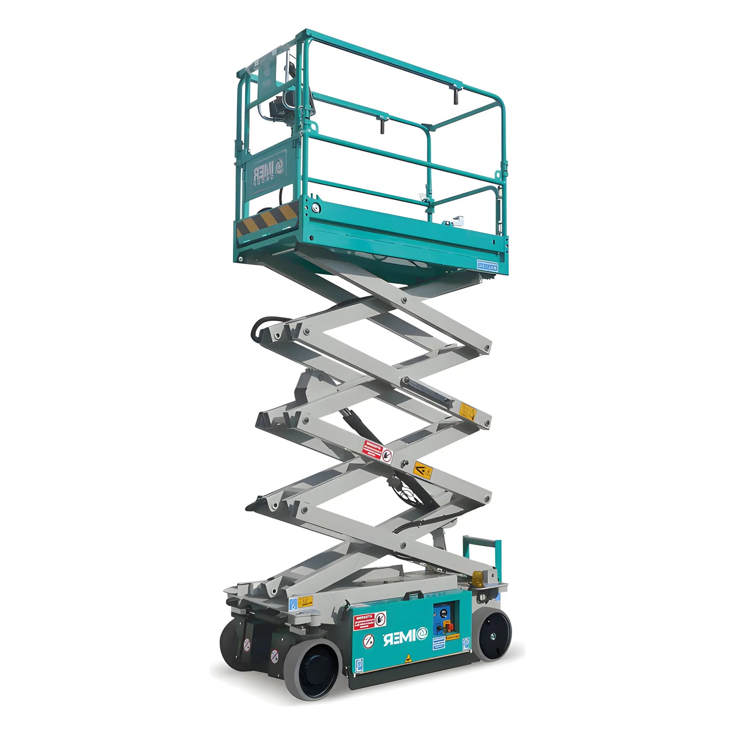 IMER green and silver Scissor Lift with extended platform and safety railings on wheels