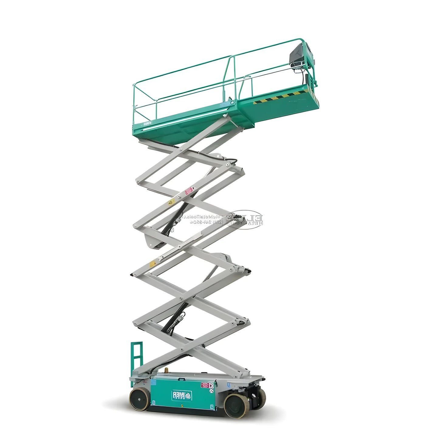IMER green and gray industrial Scissor Lift with extended platform and safety rails
