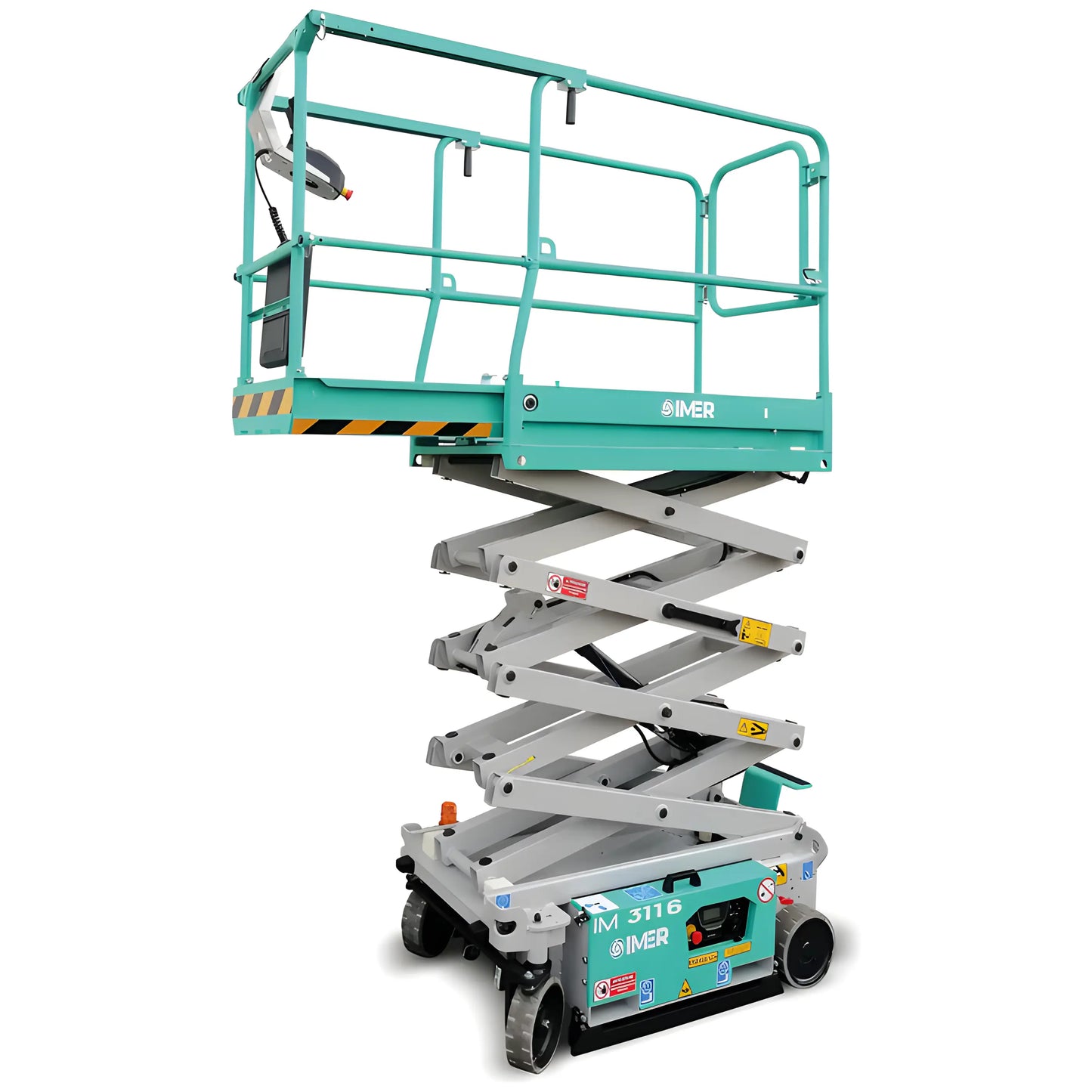 IMER scissor lift with teal platform and gray lift mechanism for industrial and construction use