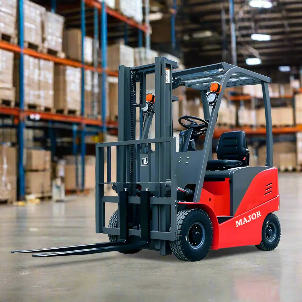 Major Lift red and black electric forklift in warehouse with stacked pallets in background