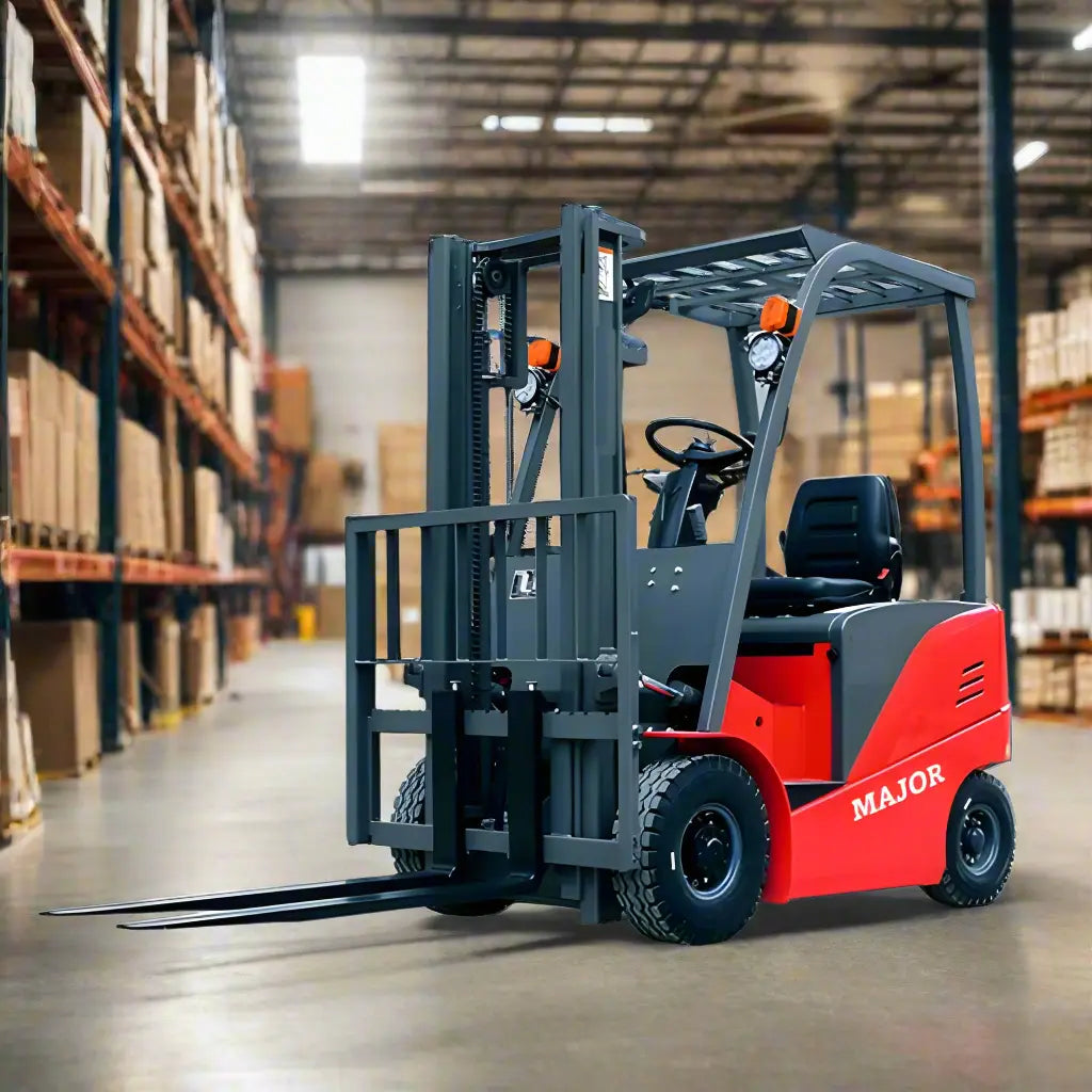 Major Lift electric forklift in warehouse with red and gray body and pallet forks