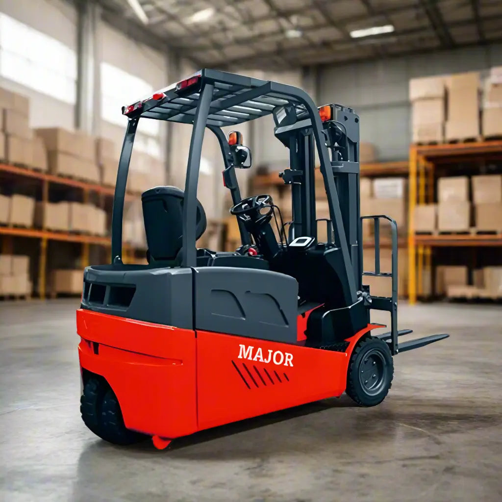 Major Lift electric forklift in warehouse with red and black body and protective overhead guard