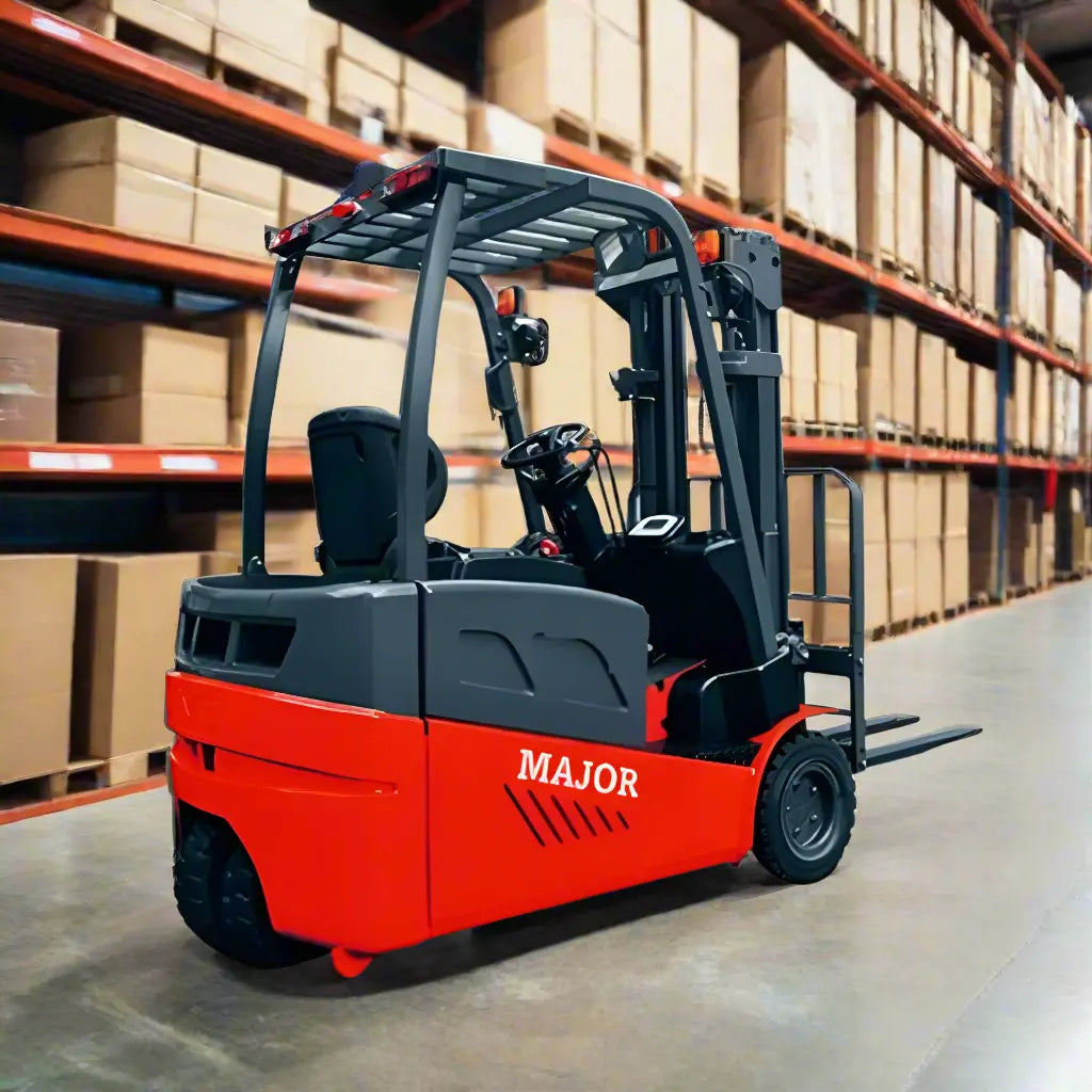 Major Lift red electric forklift in warehouse aisle with shelves of boxes for industrial use