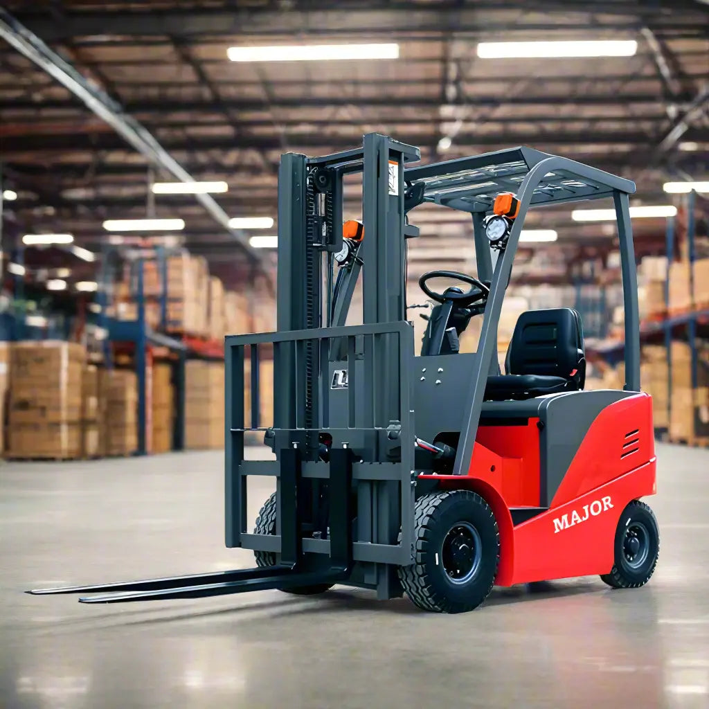 Major Lift red electric forklift with black seat and forks inside a warehouse with stacked boxes
