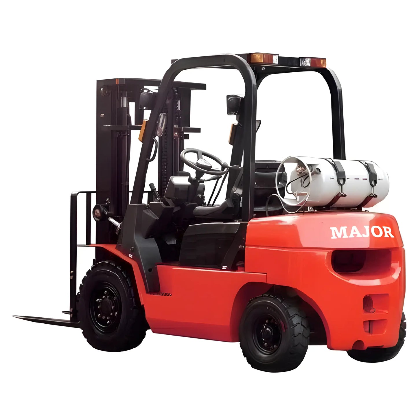 Major Lift red propane forklift with black lifting forks and mounted propane tank