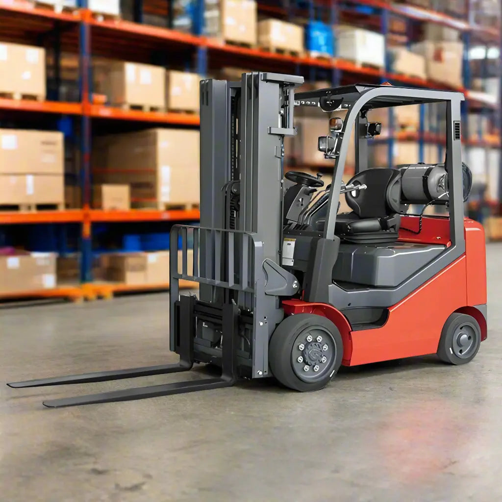 Major Lift propane forklift in a warehouse with shelves and boxes in the background