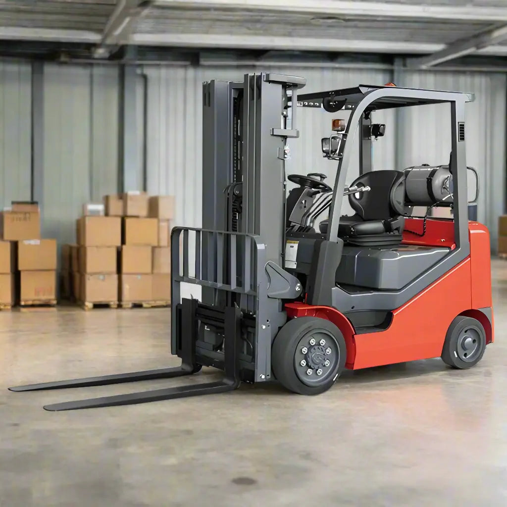 Major Lift propane forklift with red body and black lifting forks parked inside warehouse