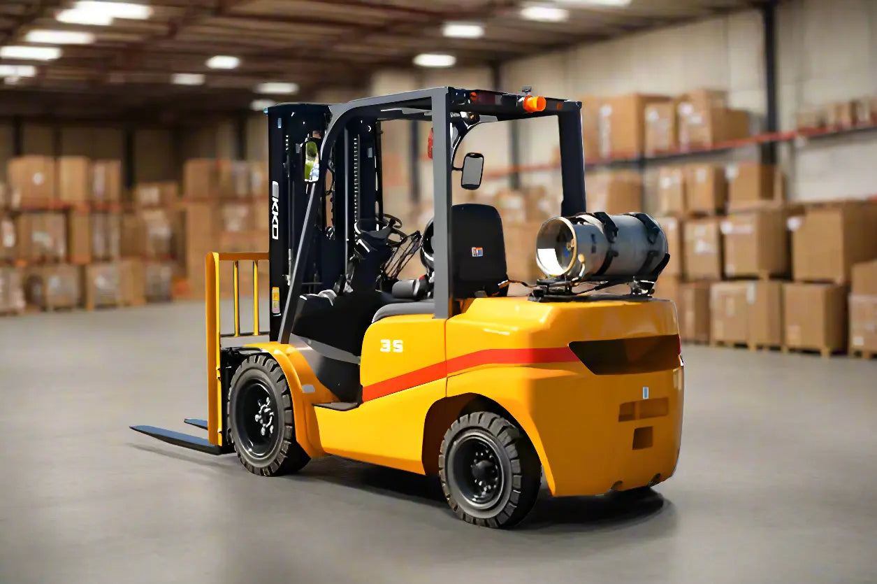 EKKO propane forklift in yellow and black inside warehouse with cardboard boxes in background
