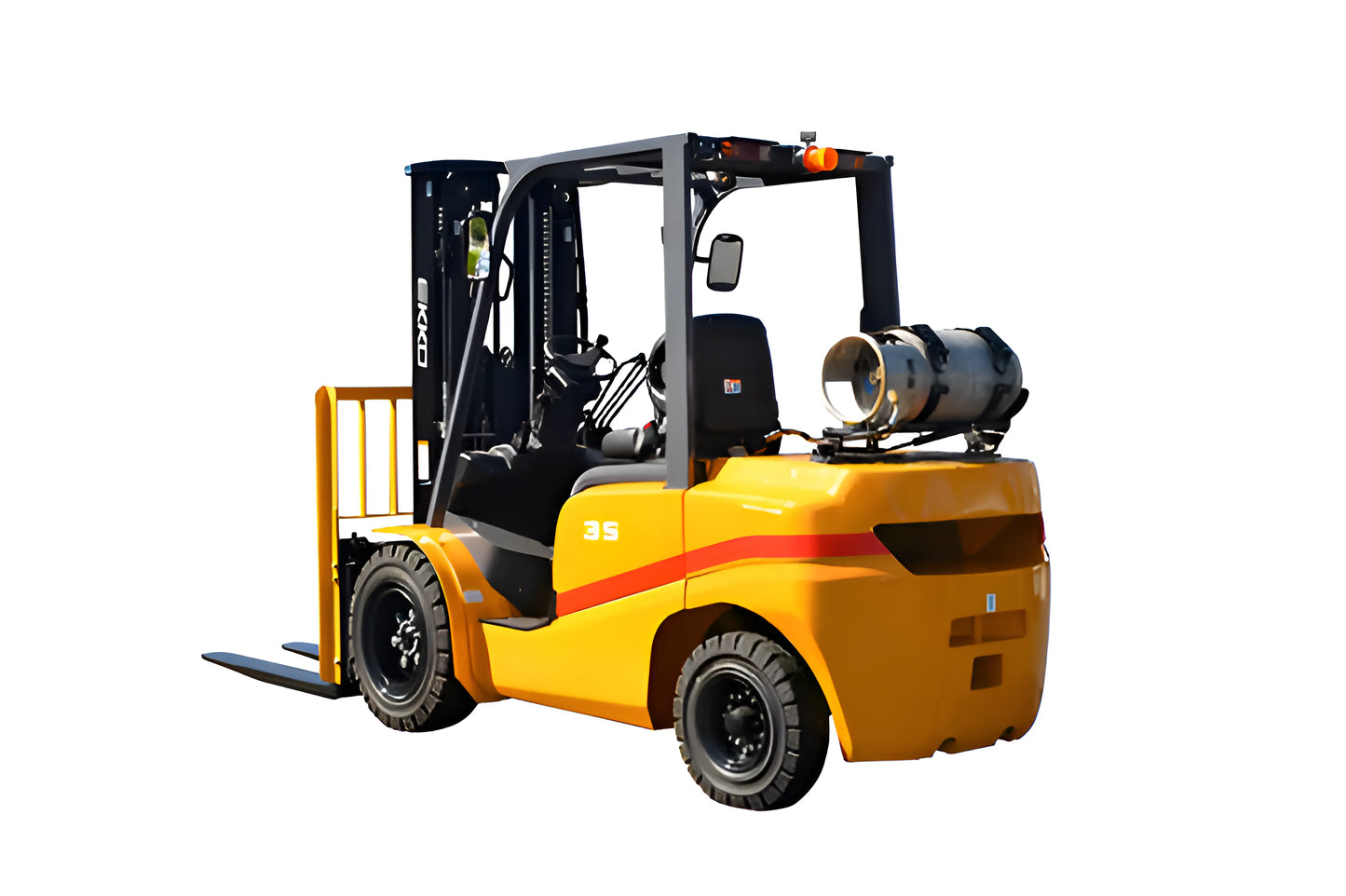 EKKO yellow propane forklift with black accents for industrial lifting tasks