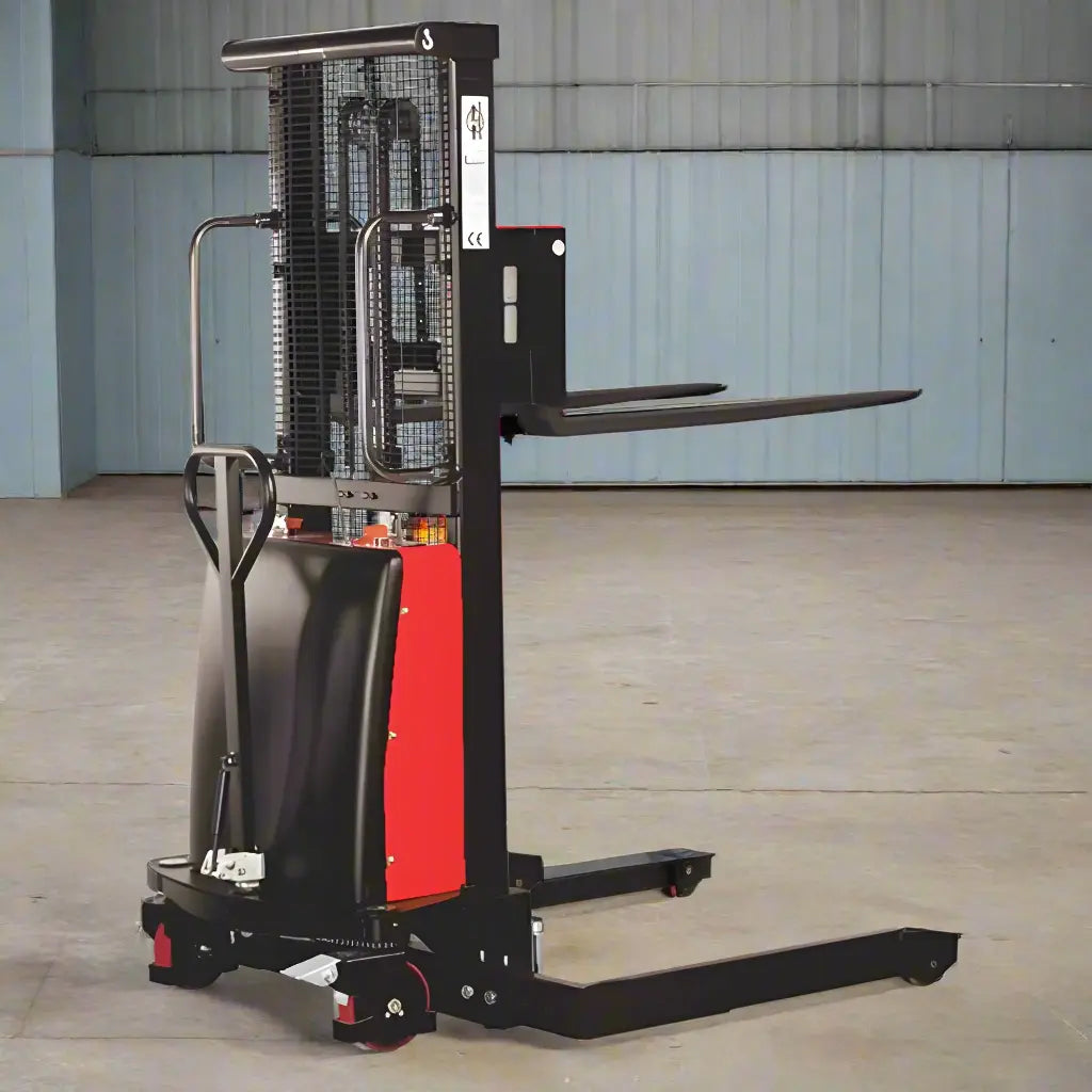 Major Lift semi-electric pallet stacker with black and red frame and extended forks in warehouse setting