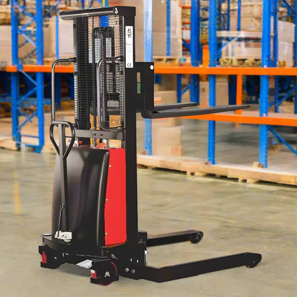 Major Lift semi-electric pallet stacker with black and red body in warehouse setting