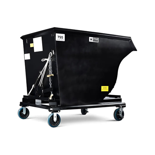 Star Industries 1805N black self-dump hopper with four caster wheels and metal chain latch