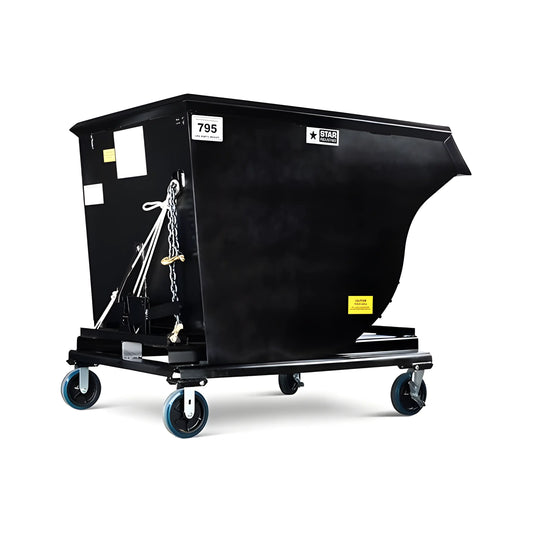 Star Industries 1815 black self-dump hopper with heavy-duty wheels and reinforced steel body