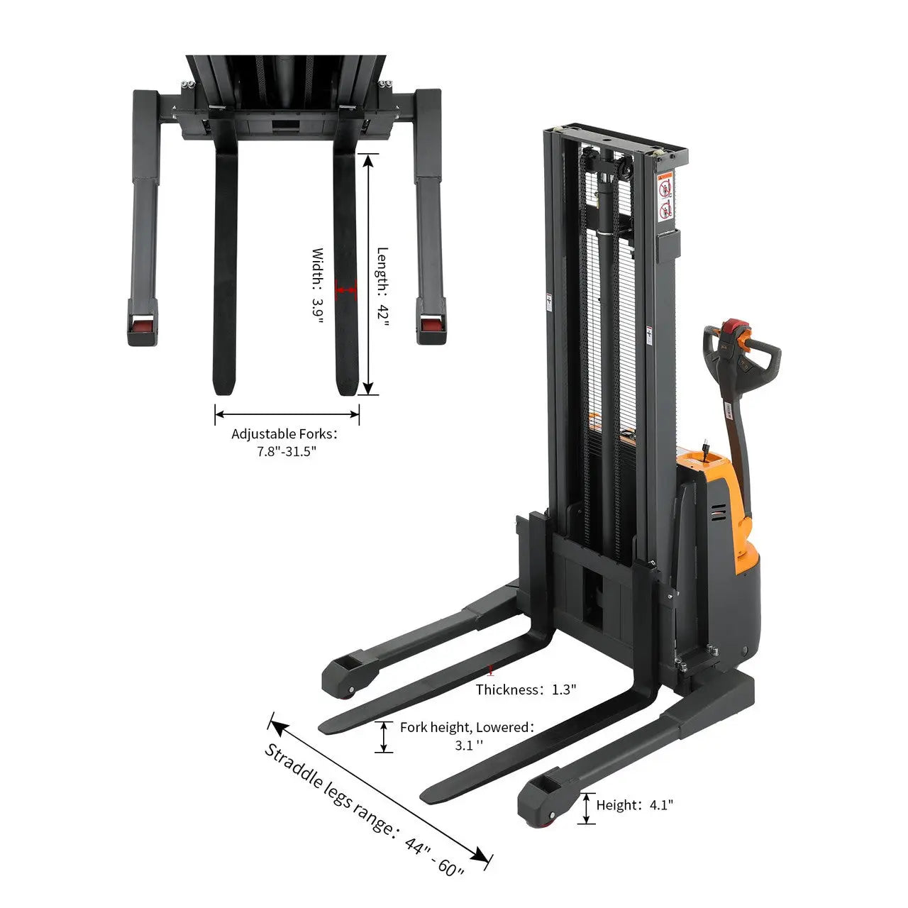 Apollolift straddle stacker with adjustable forks and detailed measurements for efficient material handling