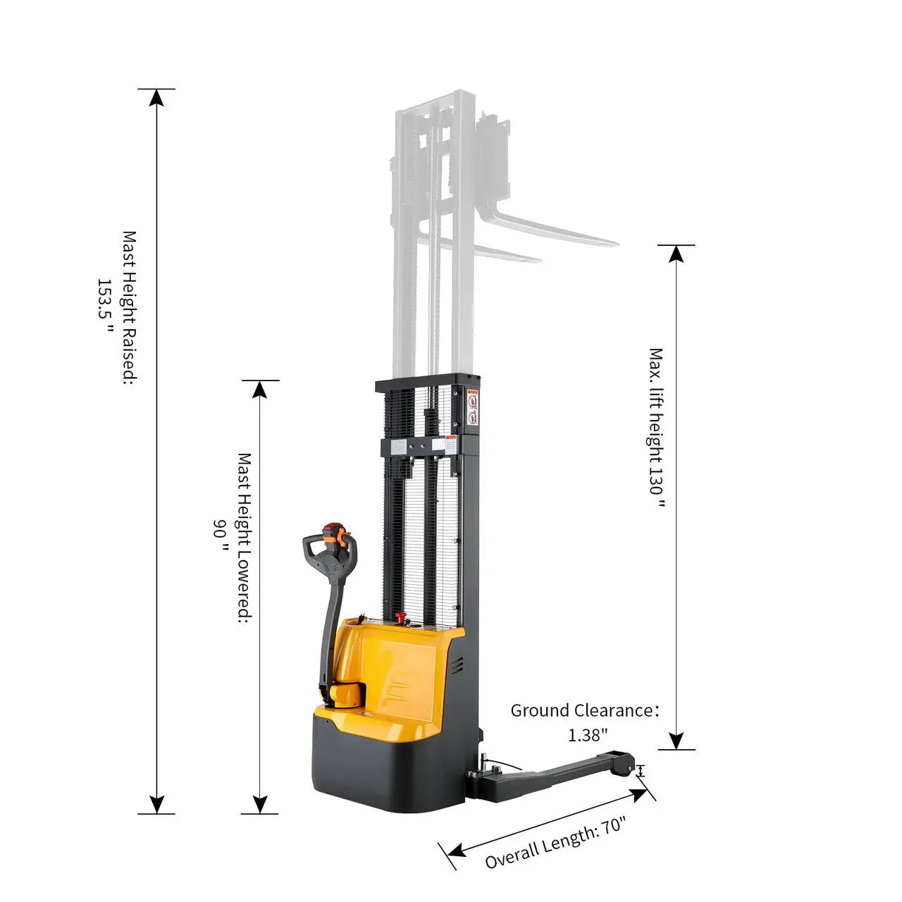 Apollolift yellow and black straddle stacker with mast height and lift height measurements
