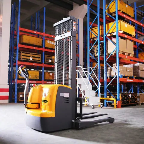 Apollolift yellow and gray electric straddle stacker in warehouse aisle with pallet racks