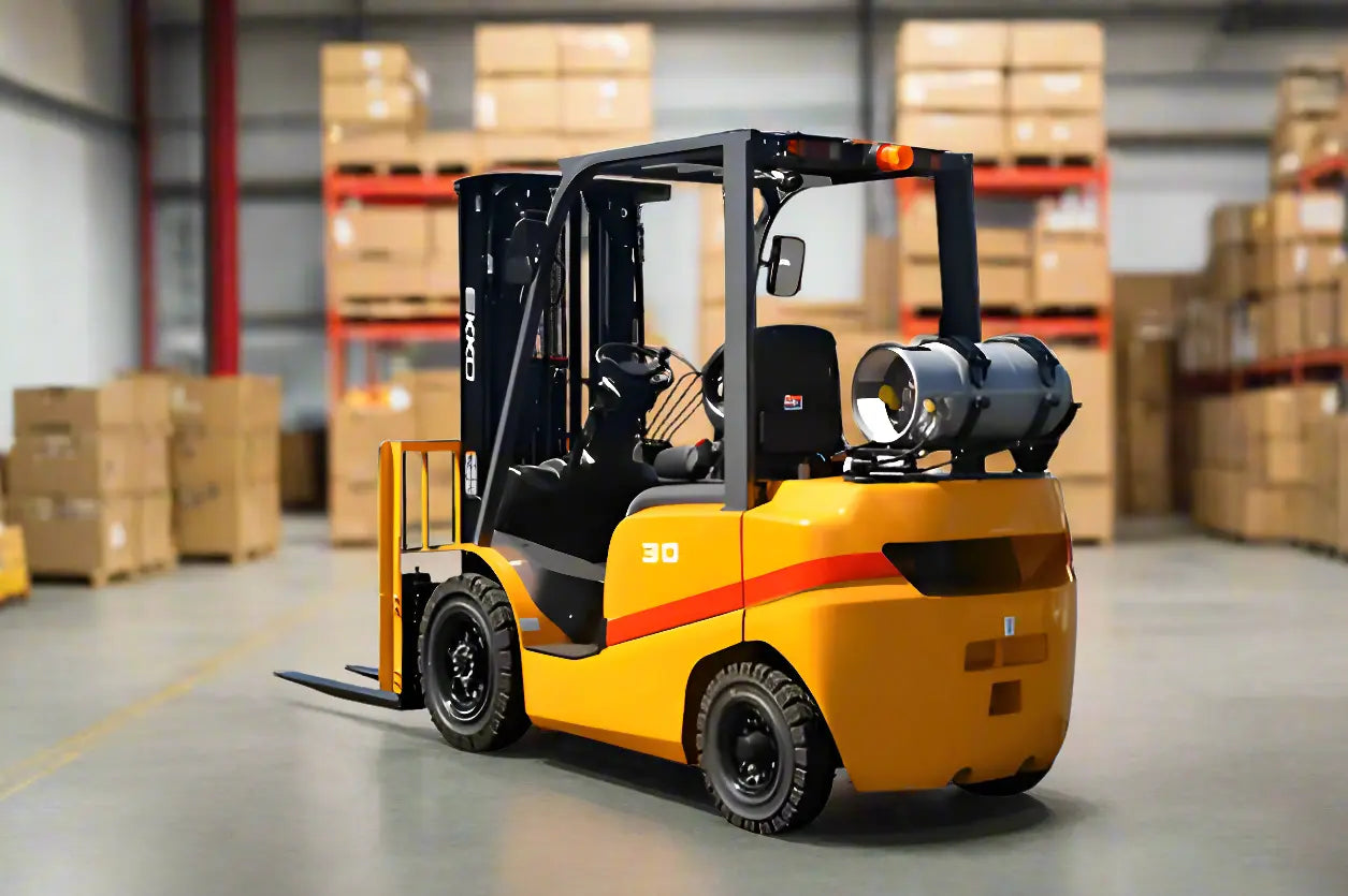 EKKO yellow propane forklift with black accents in a warehouse surrounded by stacked boxes