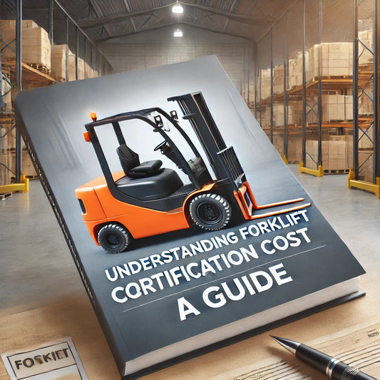 "Realistic feature image showing a forklift in a warehouse setting with the text 'Understanding Forklift Certification Cost: A Guide' prominently displayed on a book cover, reflecting a professional guide about forklift certification costs."
