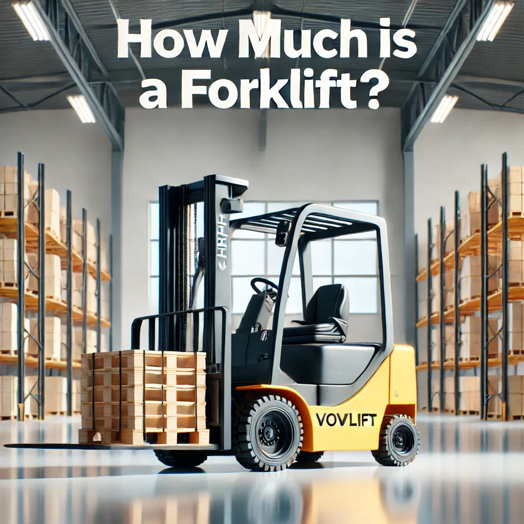 Modern forklift lifting pallets in warehouse with VOVLIFT branding below.