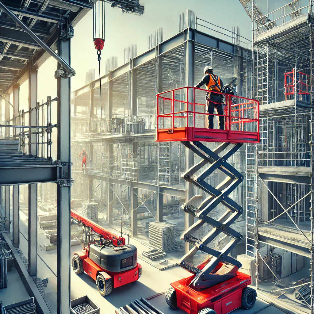 "Red scissor lift raising worker at construction site under blue sky.