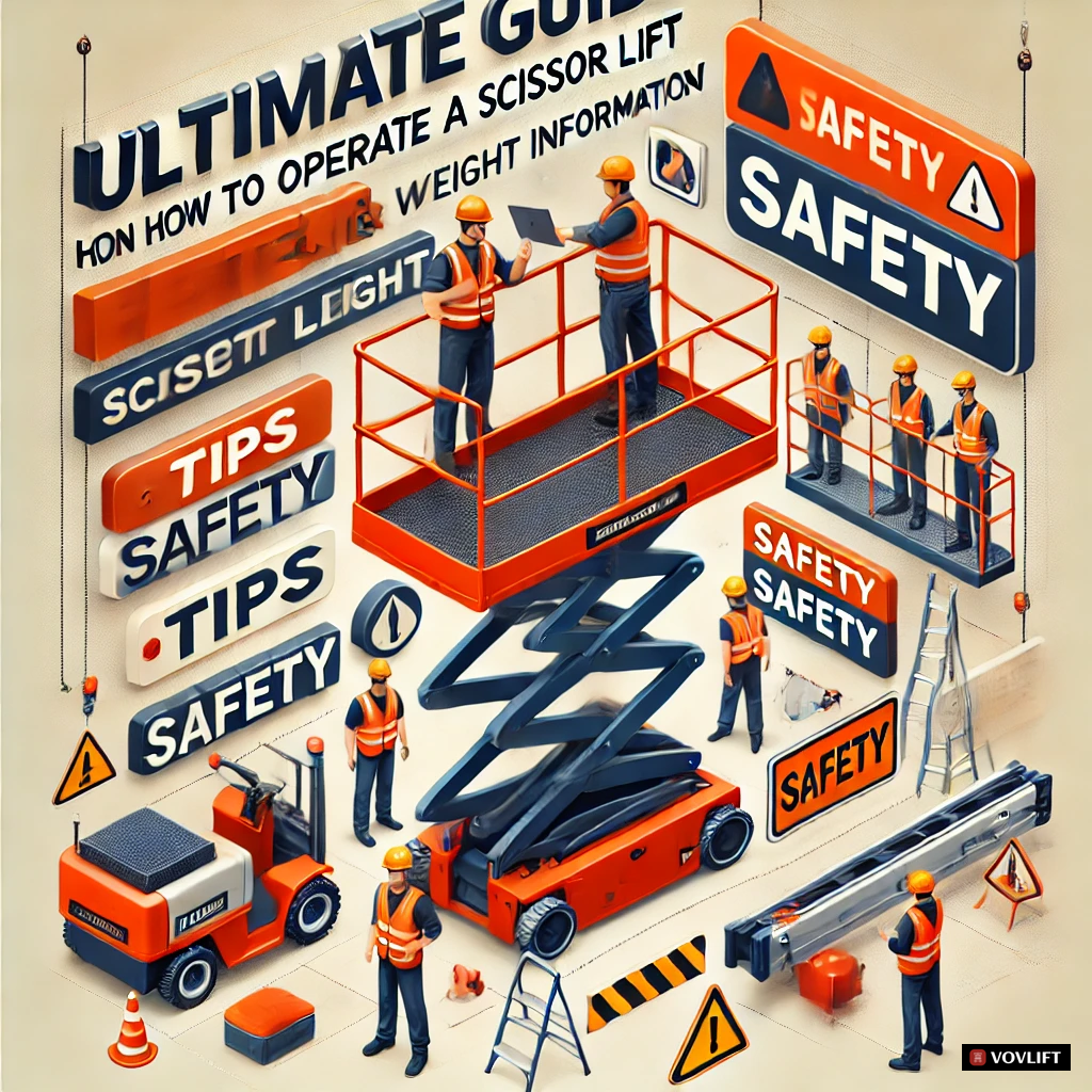 The workers operating a scissor lift in a professional setting, surrounded by safety signs, with the VOVLIFT logo prominently displayed in the bottom right corner.