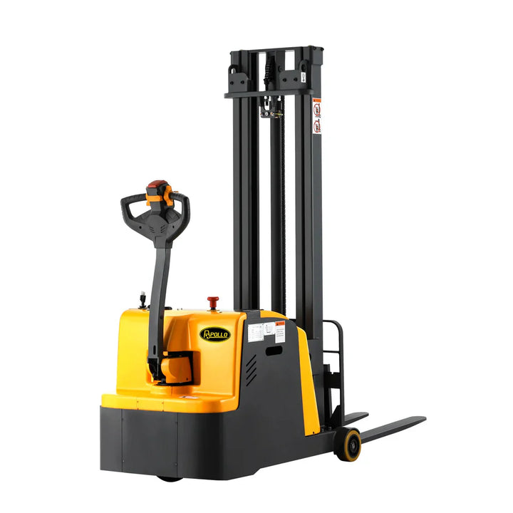 Full electric pallet stacker with a yellow-black design, control handle, and vertical mast for lifting and stacking pallets efficiently.