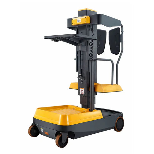 Order picker forklift with a compact yellow and black design, featuring a platform and adjustable lift, ideal for efficient material picking in warehouses.