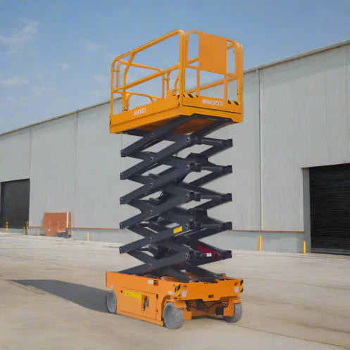 Scissor lift with a bright orange platform and black crisscross lifting mechanism, designed for safe and efficient elevation in industrial and construction settings.