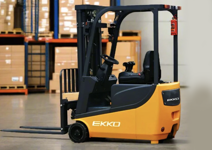 Electric forklift for sale, featuring a compact yellow and black design with a comfortable operator seat, ideal for efficient warehouse material handling.