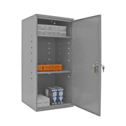 Durham Utility Cabinet, steel, 3 shelves, built in lock attachment, wall mountable, gray