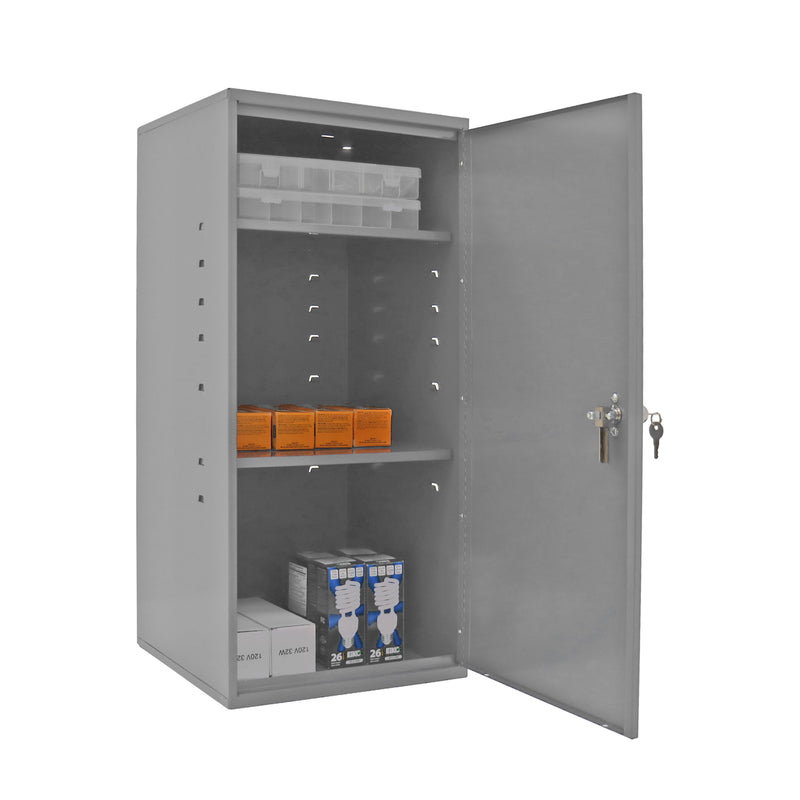 Durham Utility Cabinet, steel, 3 shelves, built in lock attachment, wall mountable, gray