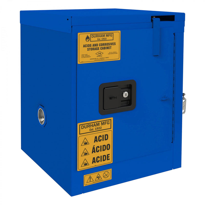 Durham FM Approved, Corrosive Storage Cabinet, 4 Gallon, 1 Door, Self Close, 1 Shelf, 2 Plastic Trays