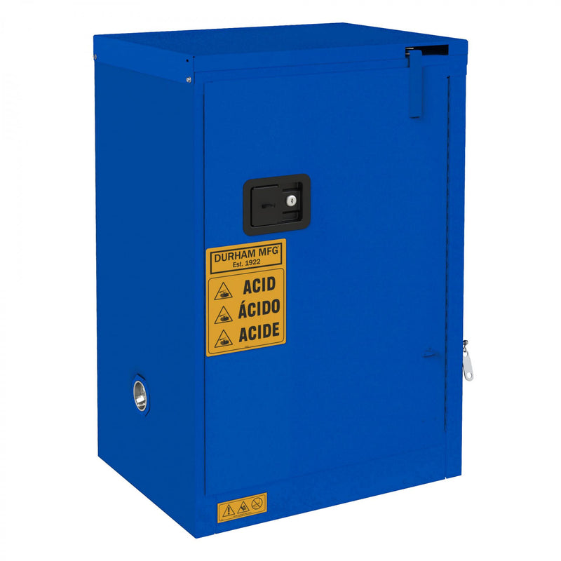 Durham FM Approved, Corrosive Storage Cabinet, 12 Gallon, 1 Door, Self Close, 1 Shelf, 2 Plastic Trays